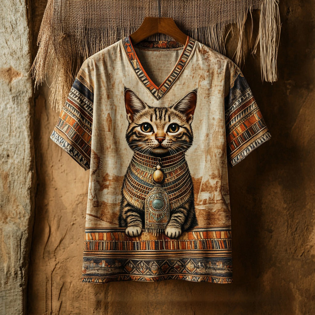 Comstylish Retro Ancient Queen Of Egypt Cute Cat Art Linen Cotton Blend T-shirt