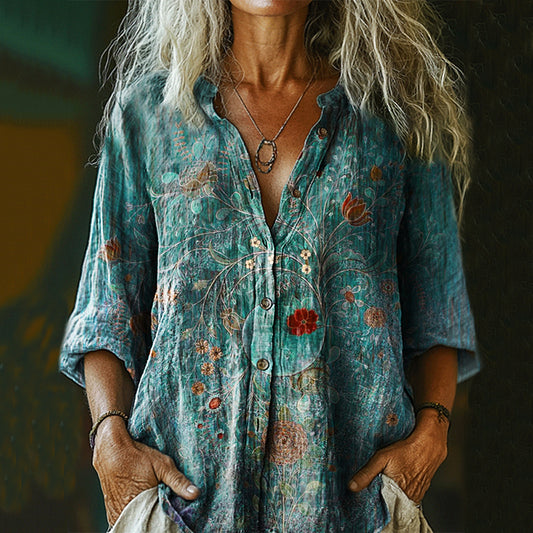 Women's Vintage Floral Print Casual Cotton And Linen Shirt artswardrobe