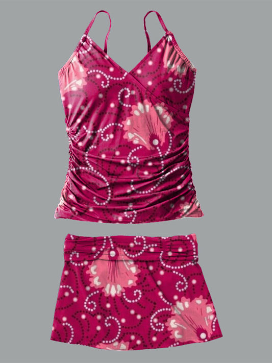 Red Flower V-Neck Vintage Flowers Print Suspender Skirt Tankini Pantskirt Set Swimsuit