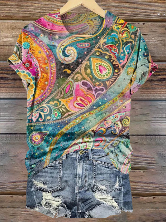 Women's Art Floral Hippie Print Crew Neck T-Shirt