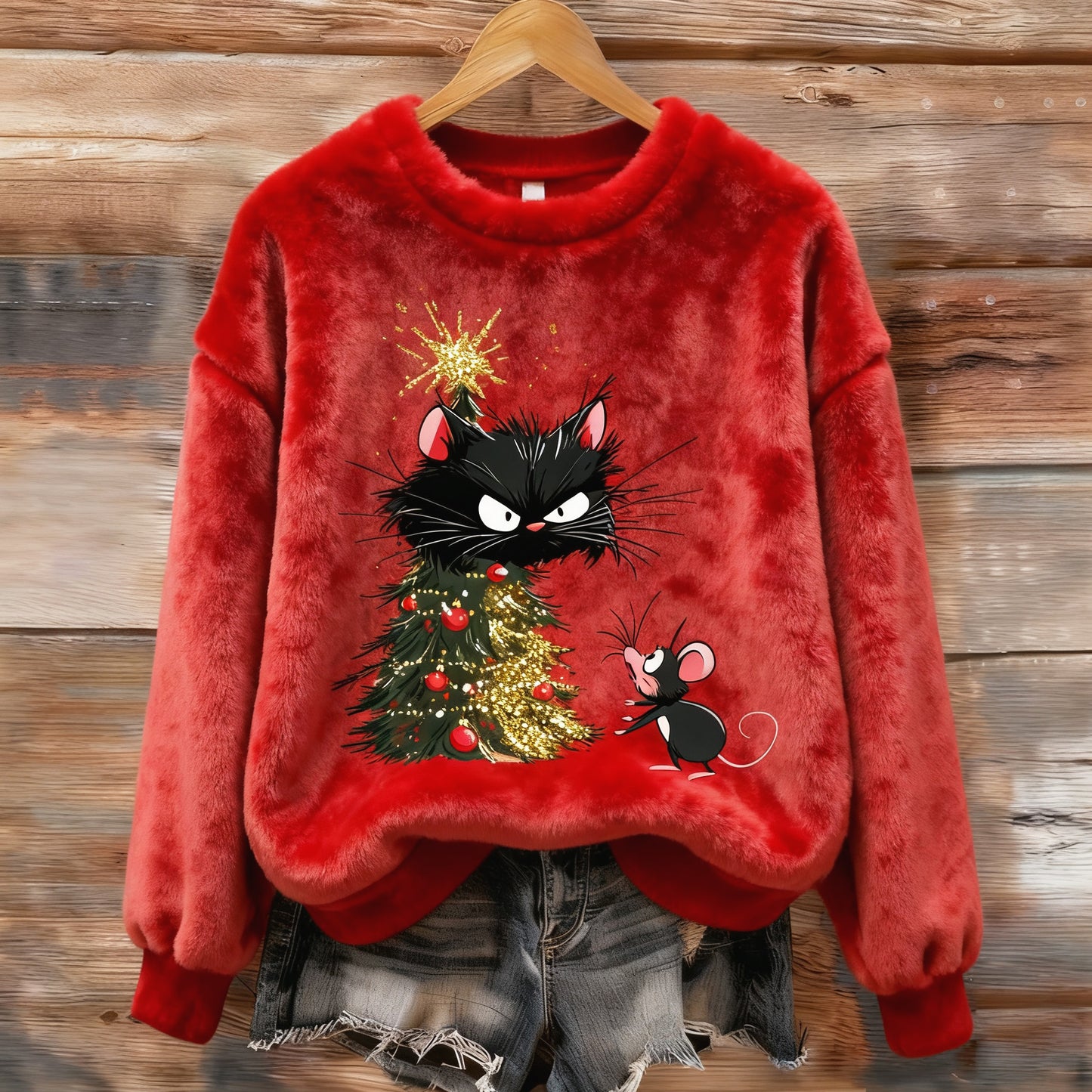 Comstylish Women's Fun Christmas Tree Cat Plush Sweater