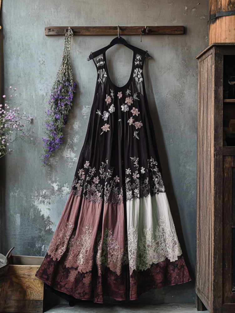 Boho Floral Embroidered Pattern Lace Patchwork Contrast Color Art Linen Dress artswardrobe