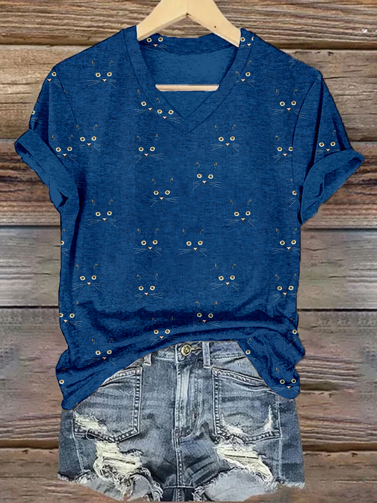 Cute Blue Cat Face V Neck Comfy T Shirt elevenforest