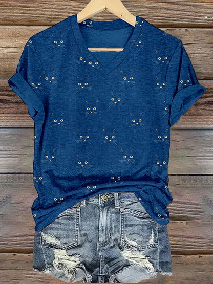 Cute Blue Cat Face V Neck Comfy T Shirt elevenforest