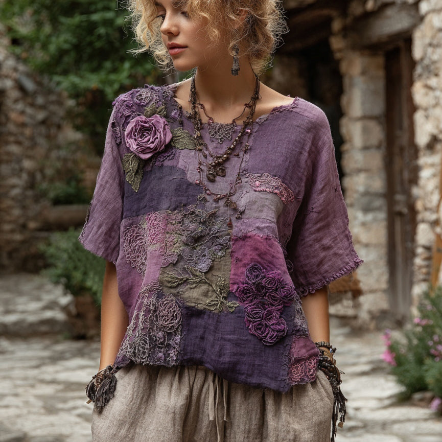 Vintage Purple Patchwork Rose Art Round Neck Loose T-shirt artswardrobe