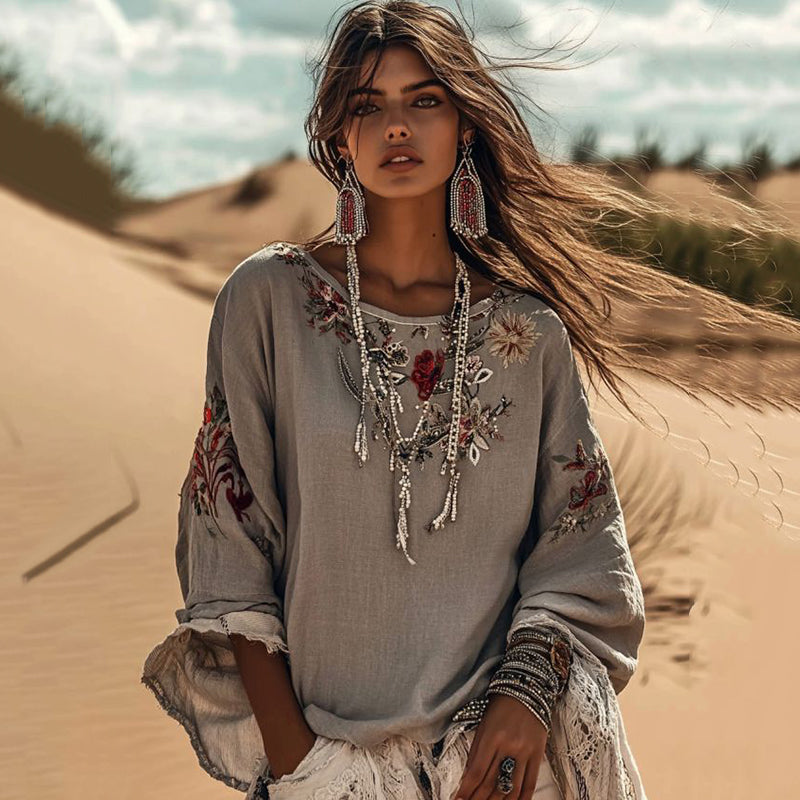 Comstylish Vintage Floral Embroidered Art Crew Neck Comfy Shirt