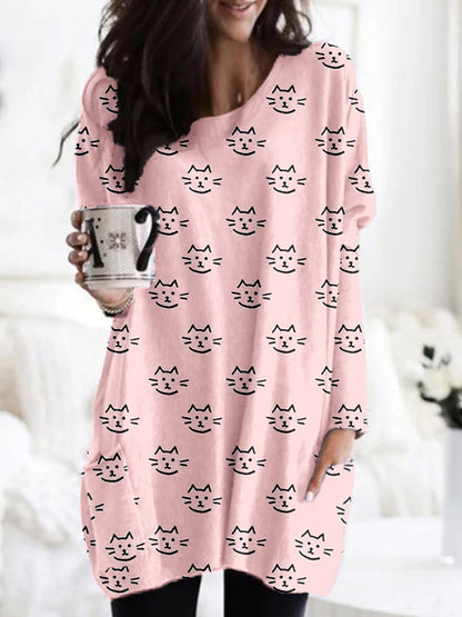 Sweet Cats Pattern Patch Pocket Comfy Tunic elevenforest