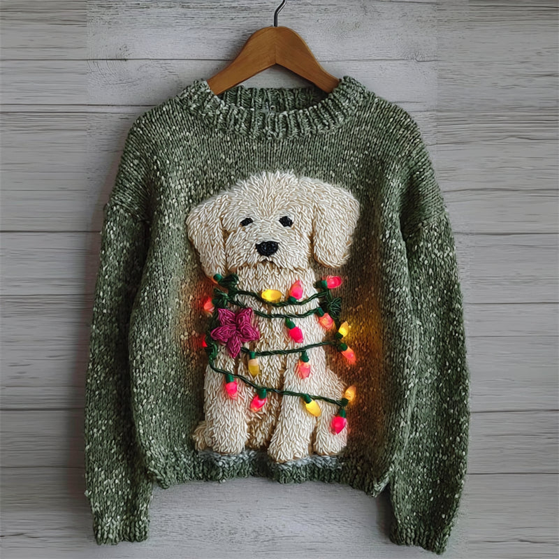 Comstylish Lovely Fuzzy Dog With Christmas Lights Cozy Knit Sweater