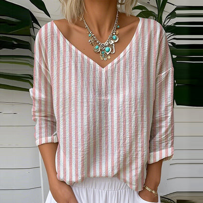 Comstylish Vintage Stripe Pattern Cozy Linen Shirt