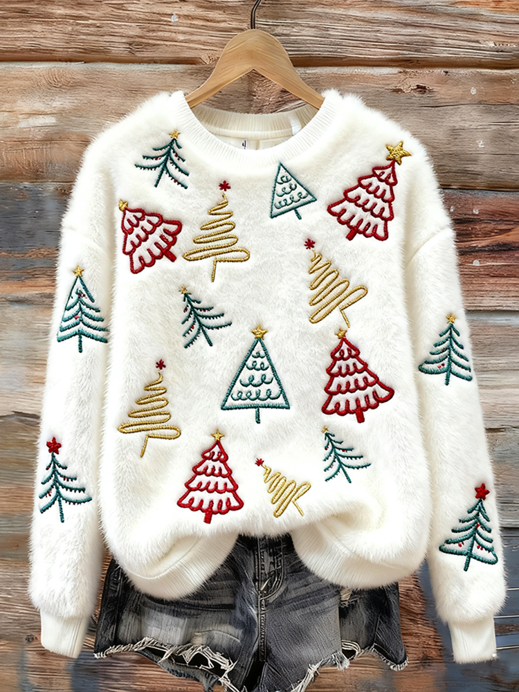 Lady Christmas Winter Warmth Round Neck Flannel Sweatshirt