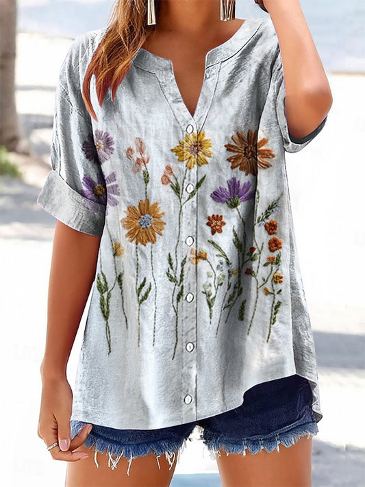 Women's Bohemian Floral Art Print Casual Cotton And Linen Shirt
