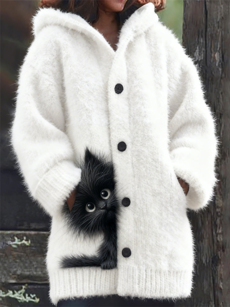 Funny Fuzzy Black Cat Peeking Cozy Knit Hooded Cardigan elevenforest