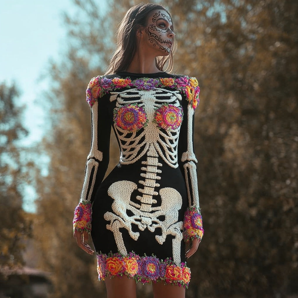 Comstylish Day Of The Dead Inspired Floral Skeleton Cozy Sweater Dress