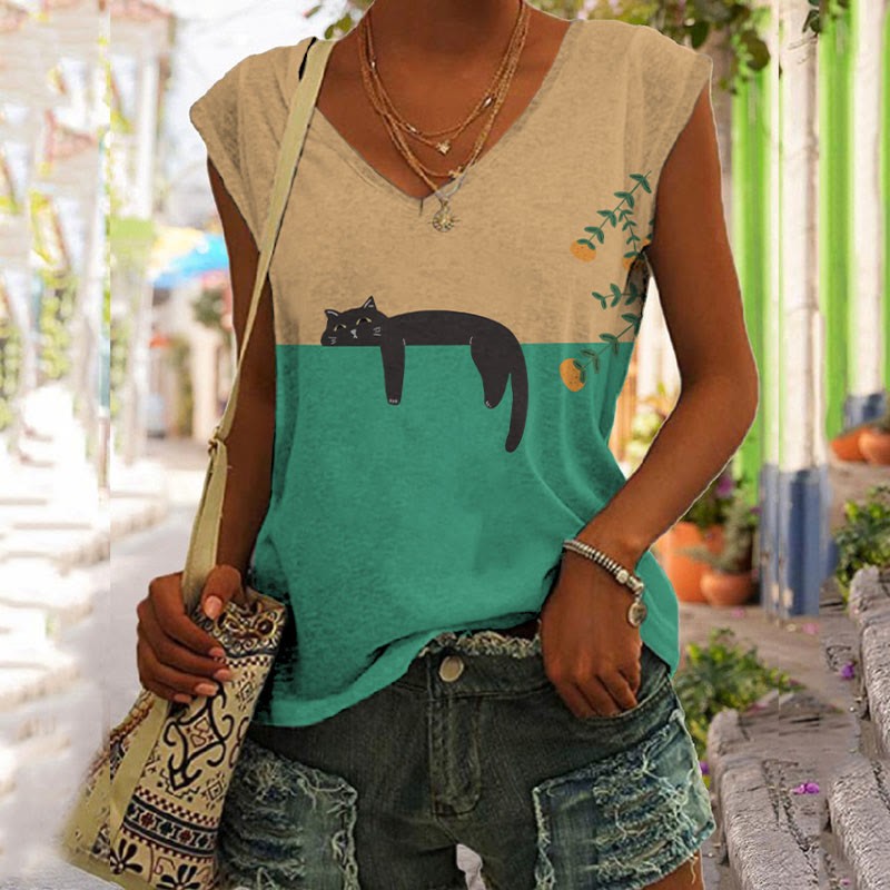 Comstylish Abstract Creative Lazy Black Cat Art Painting Art Tank Top