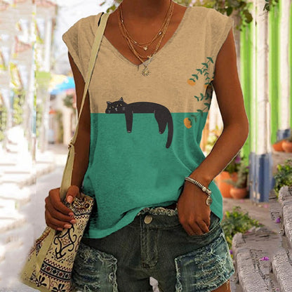 Comstylish Abstract Creative Lazy Black Cat Art Painting Art Tank Top