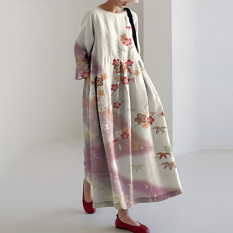 Comstylish Japanese Cherry Blossoms Art Print Loose Casual Midi Dress