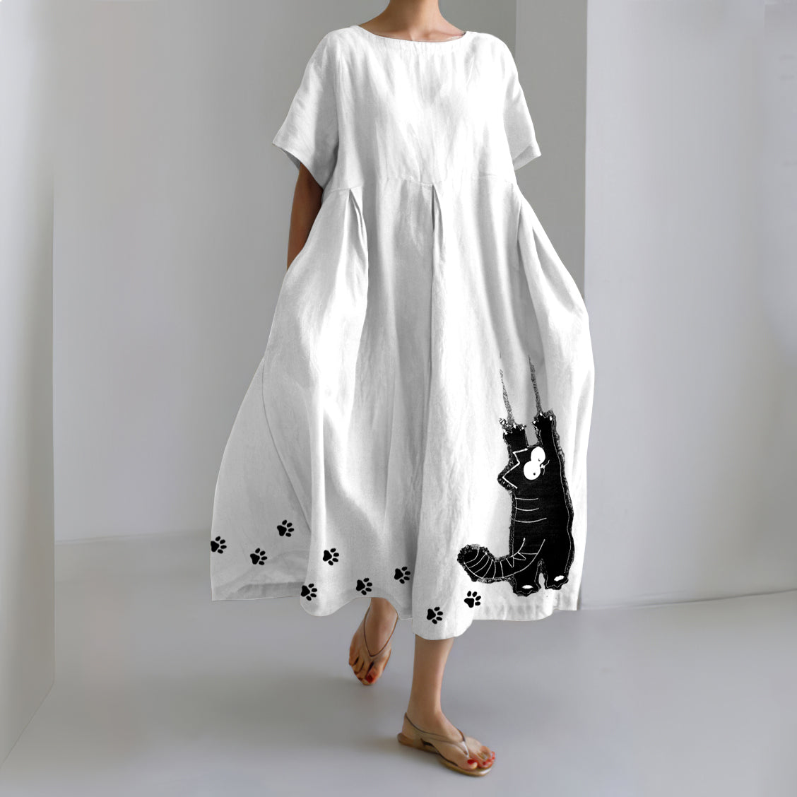 Comstylish Stretching Cat & Paw Prints Embroidered Linen Blend Maxi Dress