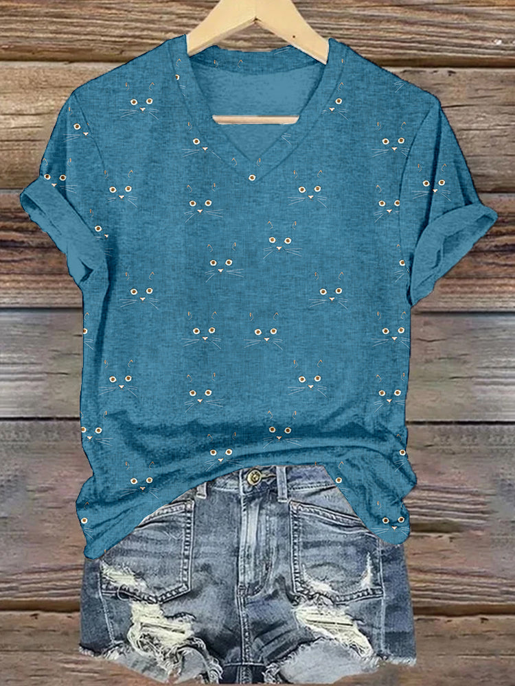 Cute Blue Cat Face V Neck Comfy T Shirt elevenforest