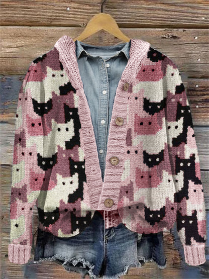 Crowded Cats Pink Knit Art Cozy Hooded Cardigan elevenforest