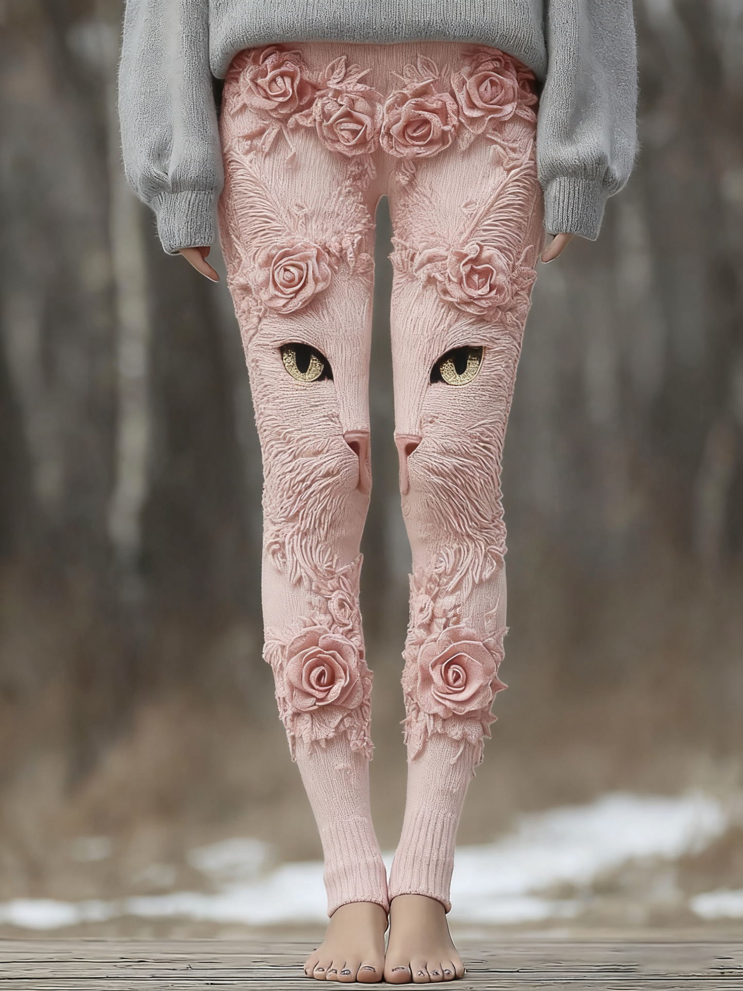 Vintage Cute Cat Face With Roses Art Embroidered Cozy Knit Leggings elevenforest