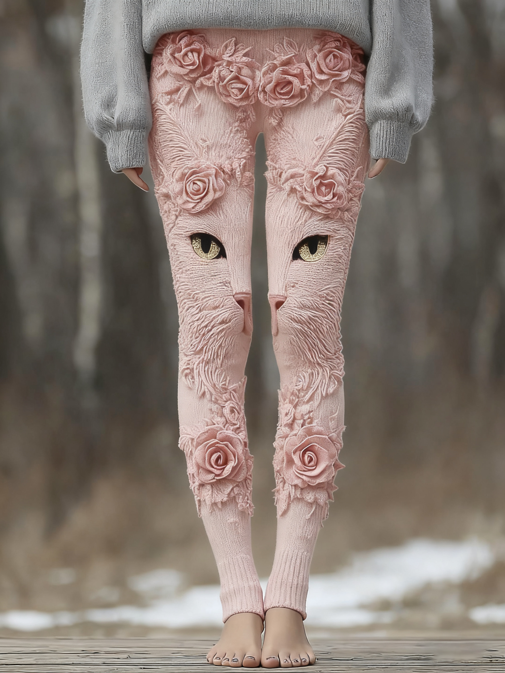 Vintage Cute Cat Face With Roses Art Embroidered Cozy Knit Leggings elevenforest