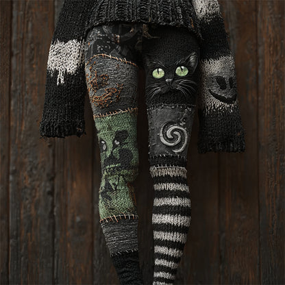 Comstylish Halloween Black Cat Witch Patchwork Cozy Knit Leggings