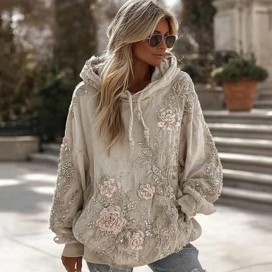 Comstylish Women's Vintage Floral Embroidery Art Casual Hoodie