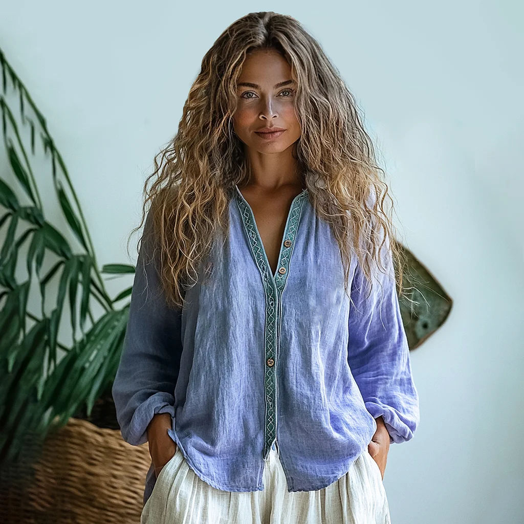 Comstylish Bohemian Style Linen Print Long Sleeve Shirt