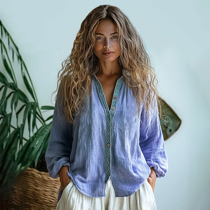 Comstylish Bohemian Style Linen Print Long Sleeve Shirt