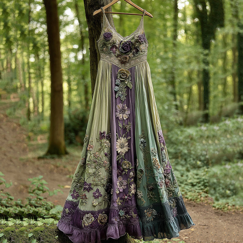 Classy Gradient Purple Lavender And Floral Embroidered Linen Suspender Long Dress artswardrobe