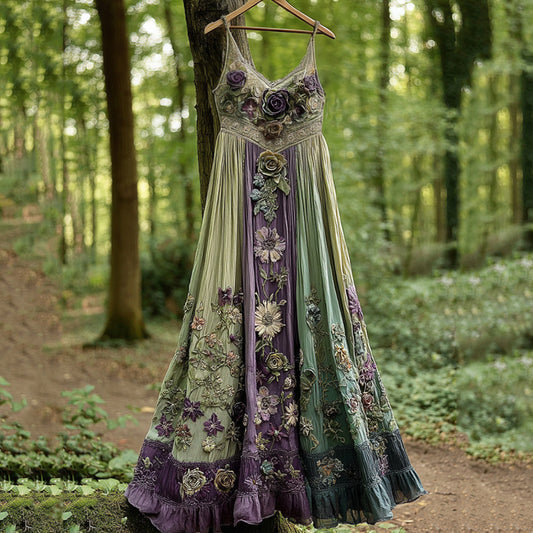 Classy Gradient Purple Lavender And Floral Embroidered Linen Suspender Long Dress