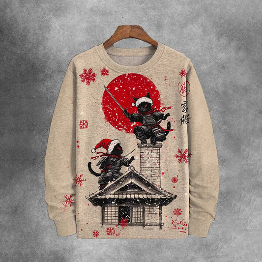 Comstylish Men's Two Christmas Black Cat Warriors Are Fighting Art Print Casual Sweatshirt