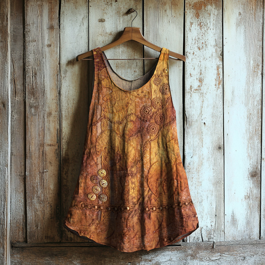 Women's Vintage Rust Dyed Embroidered Art Linen Blend Tank Top artswardrobe