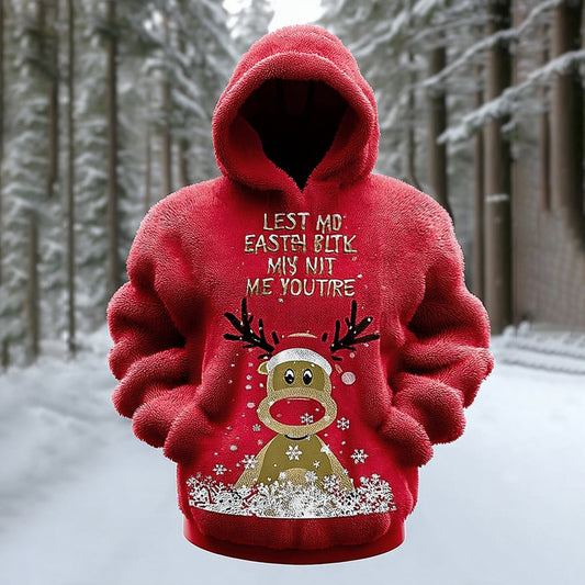 Comstylish Men's Christmas Reindeer Embroidered Plush Hoodie