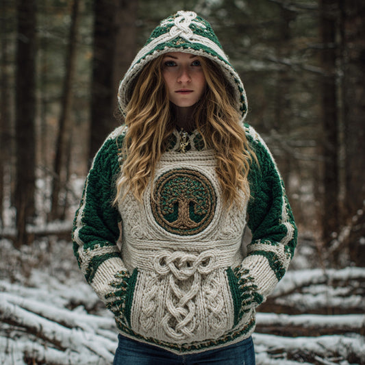 Women's Vintage Viking Celtic Knot Tree Of Life Knit Hooded Sweater artswardrobe