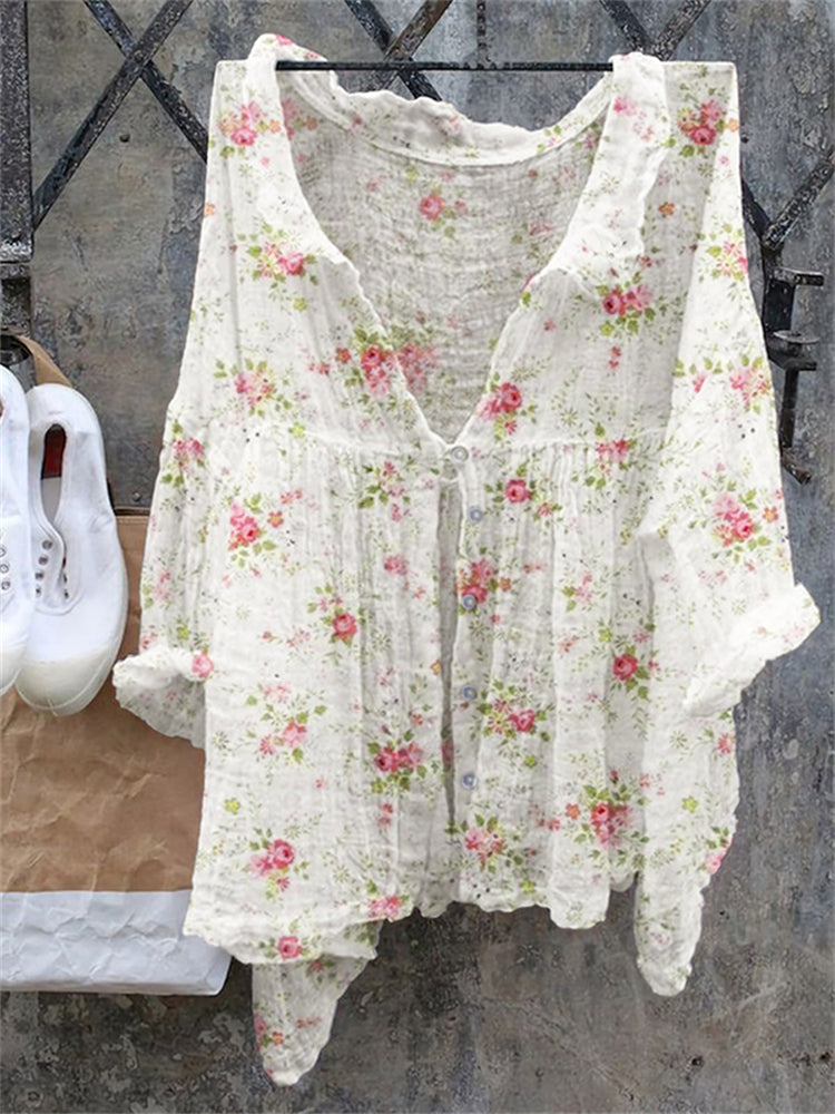 Comstylish Vintage Roses Floral Buttonthrough Linen Blouse