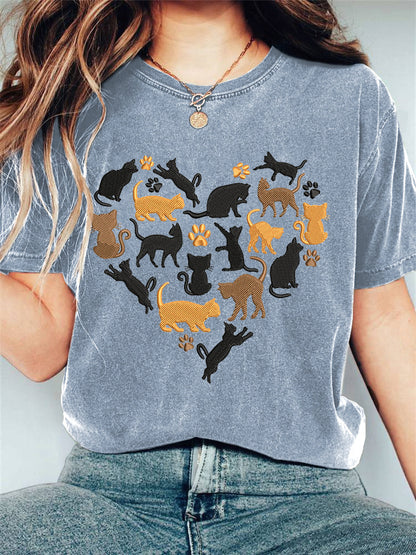 Love Cat Embroidery Printed T-shirt elevenforest