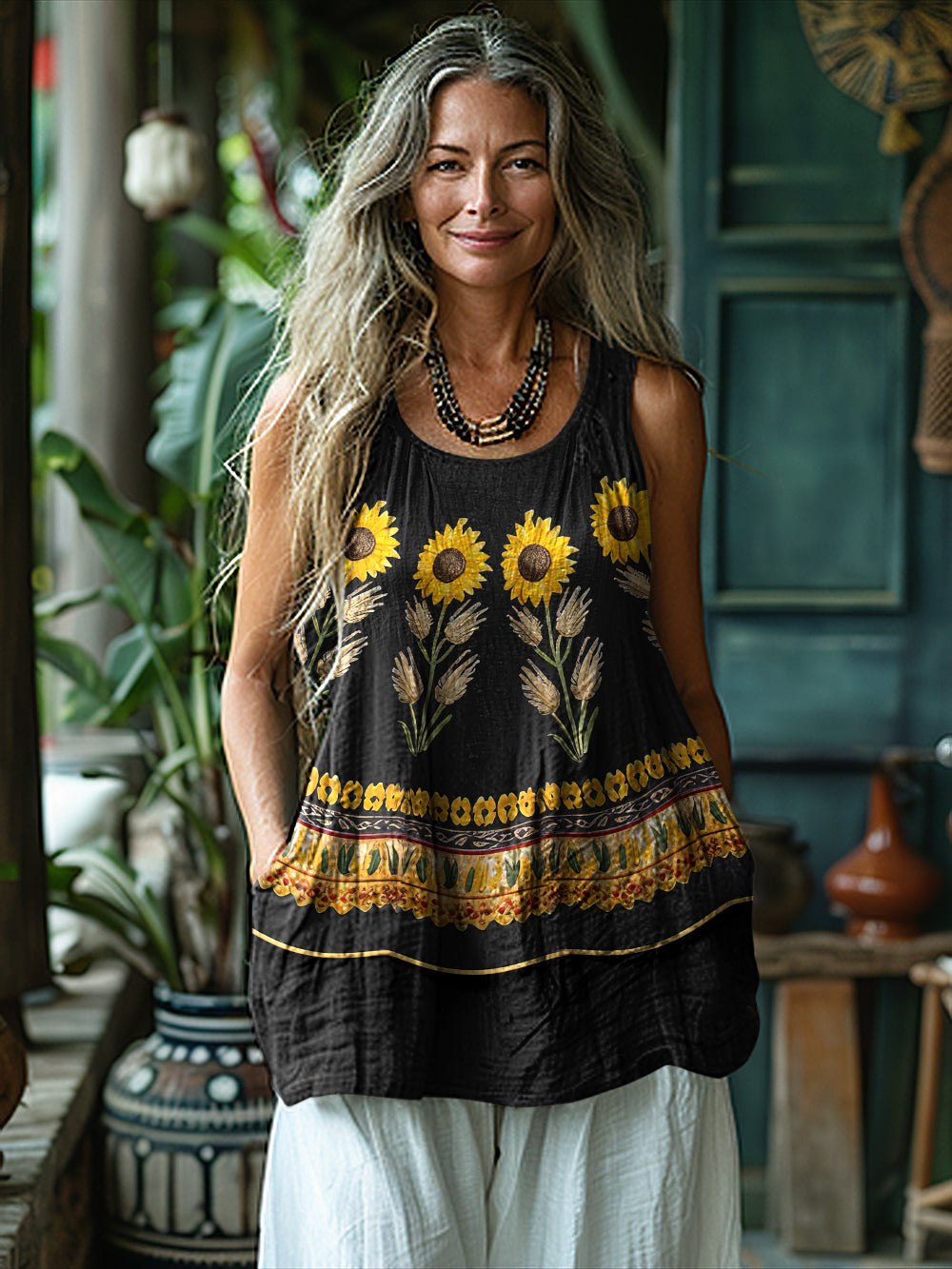 Boho Sunflowers Linen Sleeveless Tank Top artswardrobe