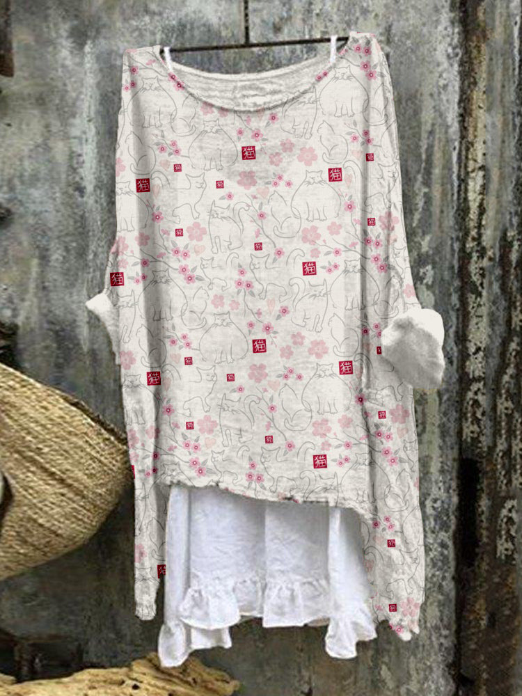 Cherry Blossom & Cat Japanese Art Linen Blend Tunic elevenforest