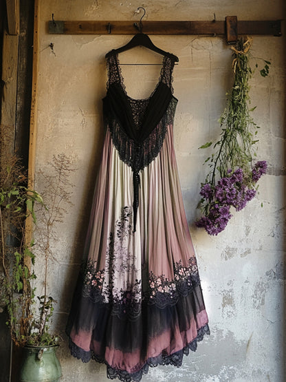 Boho Floral Embroidered Pattern Lace Patchwork Art Linen Dress artswardrobe