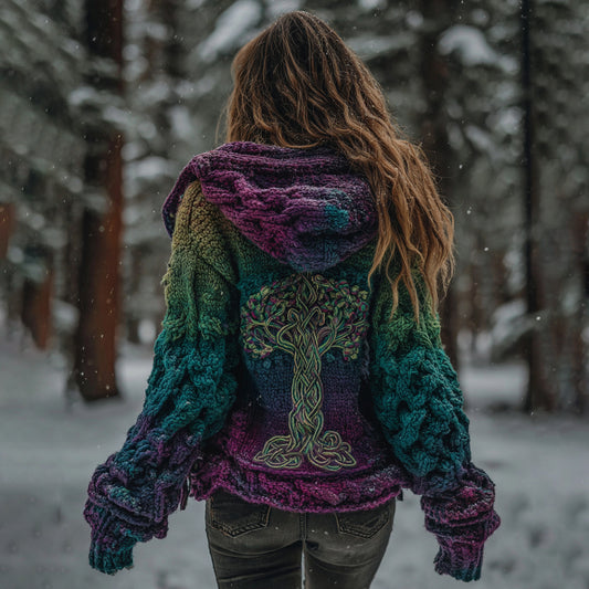 Comstylish Women's Vintage Viking Tree Of Life Gradient Knit Zip-up Hooded Sweater