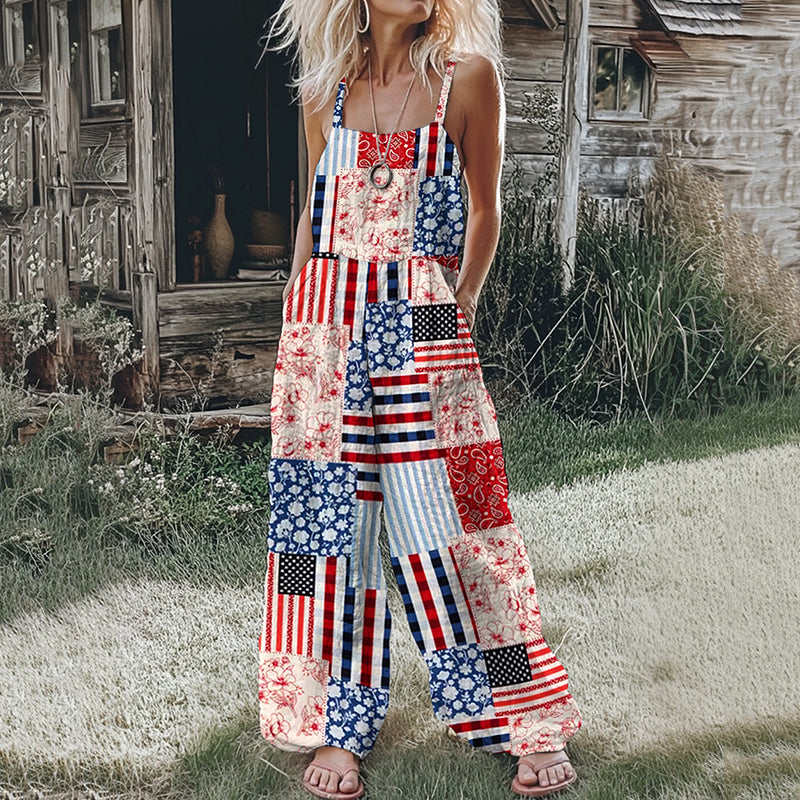 Women's Independence Day American Flag Patch Floral & Paisley Patchwork Linen Print Cotton Linen Jumpsuit artswardrobe