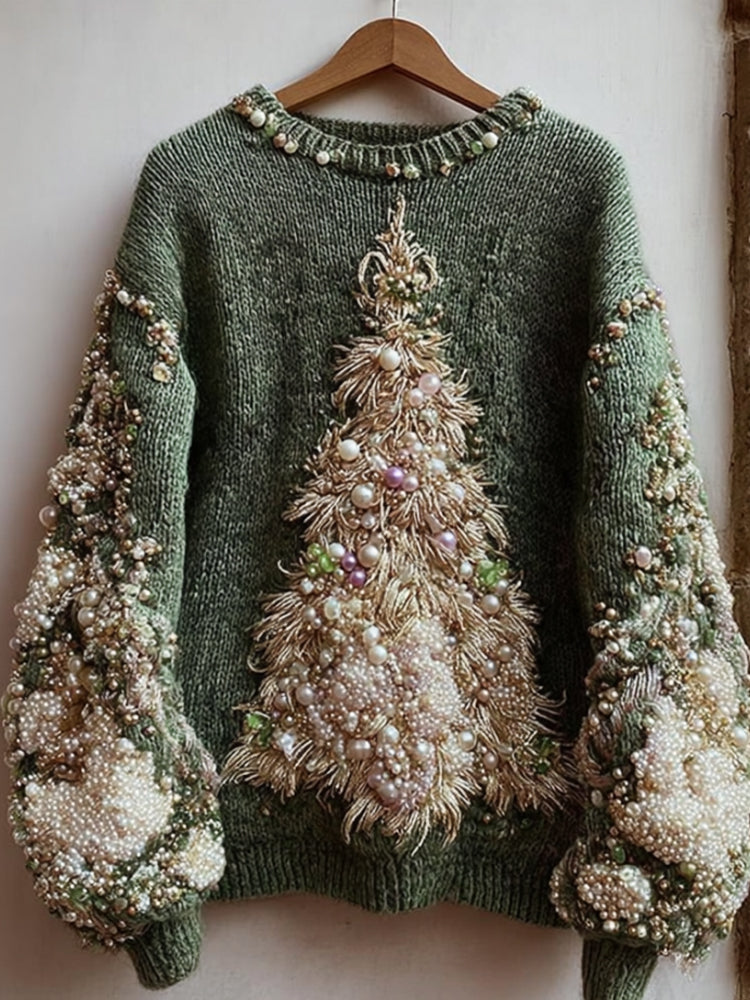 Bavlněný svetr s vyšívanými vánočními stromky a perlovými detaily