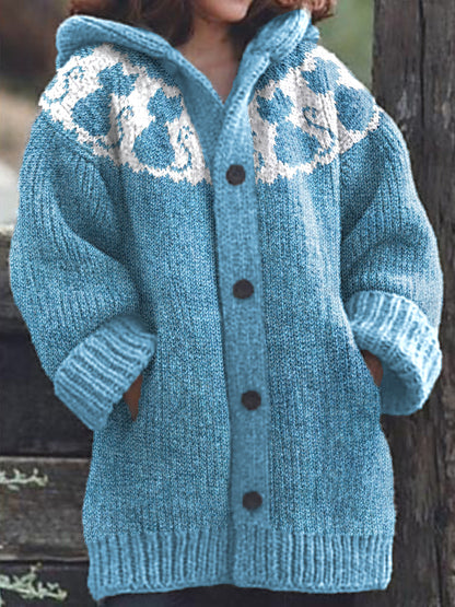 Comstylish Cute Cats Pattern Cozy Knit Hooded Cardigan