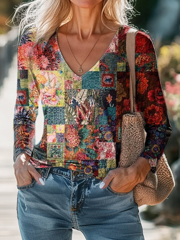 Women's Vintage Floral Art Print Casual V-neck Long Sleeve T-shirt