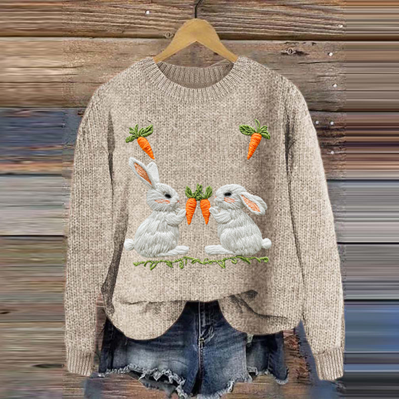 Women's Cute Bunny And Radish Print Round Neck Sweater artswardrobe