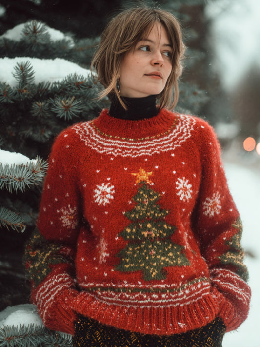 Christmas Tree Embroidered Round Neck Sweater artswardrobe