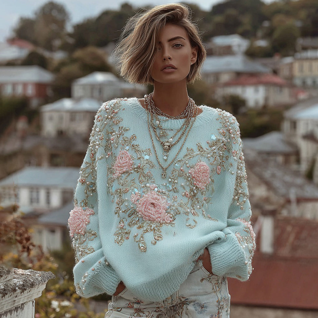 Comstylish Women's Vintage Bohemian Floral Knit Crew Neck Sweater