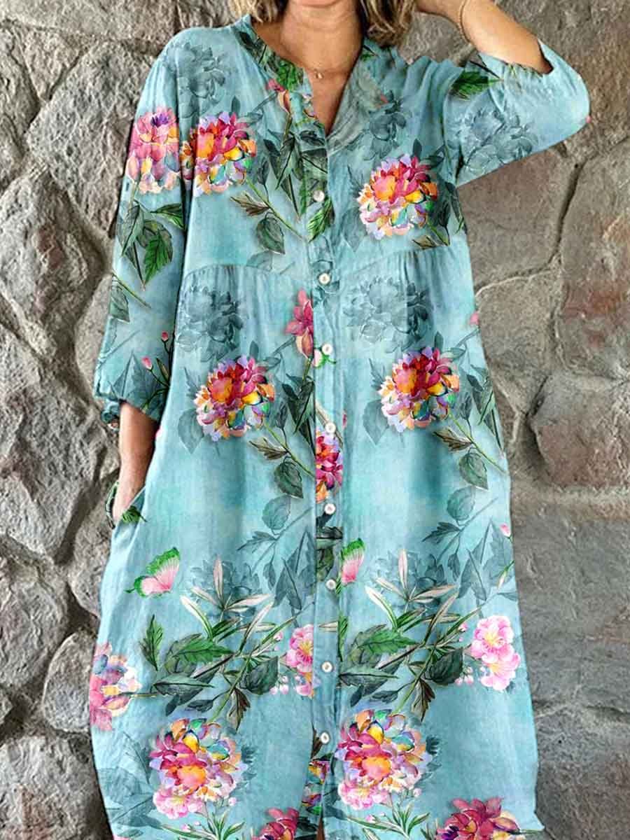 Women's Elegant Vintage Floral Pattern Shirt Style Cotton and Linen Dress