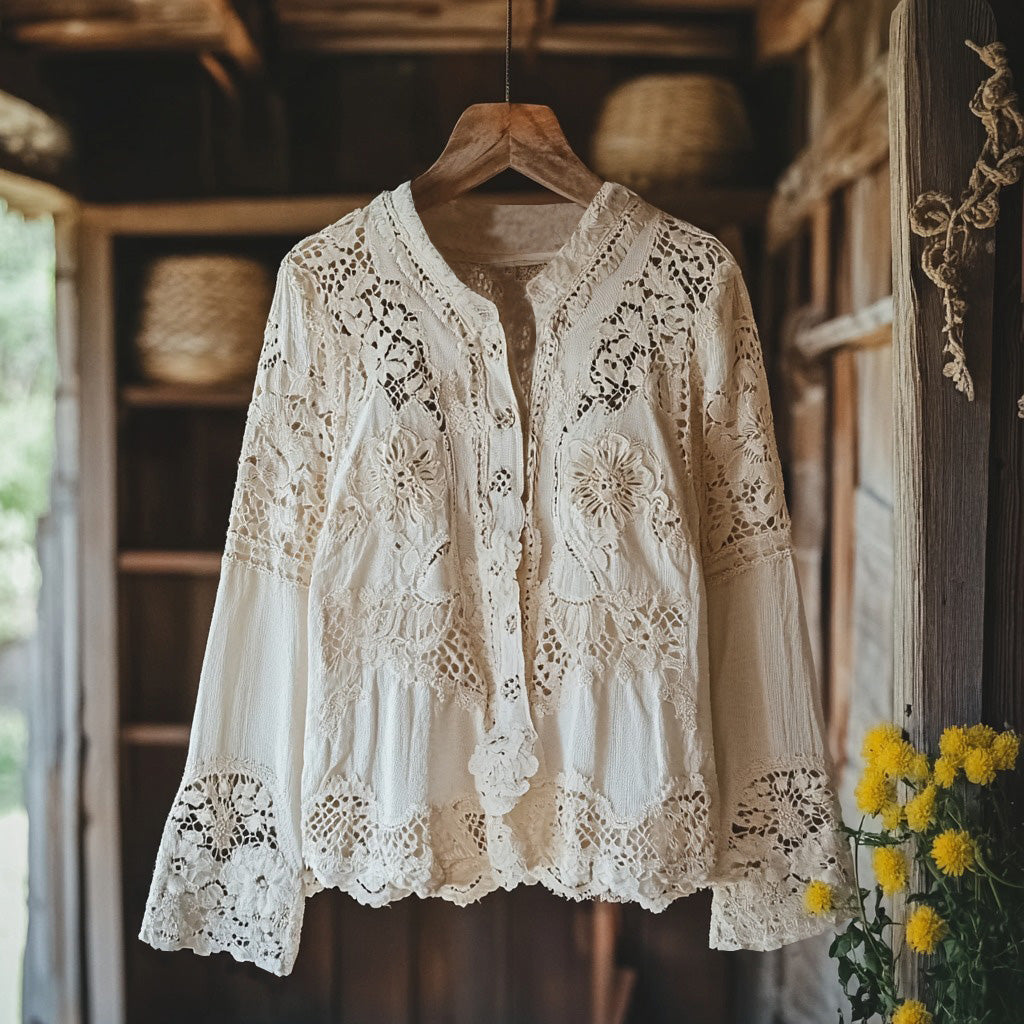 Comstylish Women's Retro Floral Lace Embroidery Art V-neck Shirt